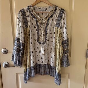 John Mark Cream Tunic with Yellow & Navy Print 100% Rayon